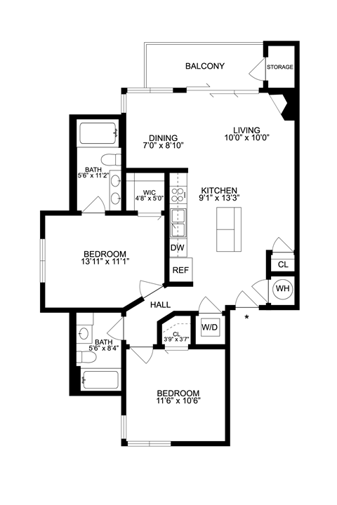 Floor plan for 2 beds, 2 baths, 932 sqft